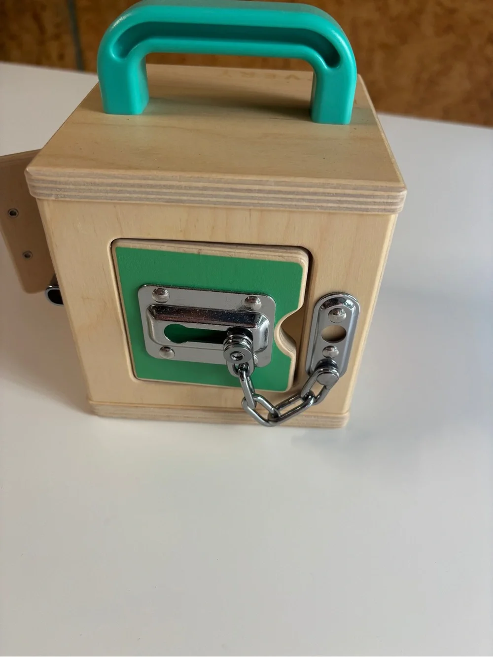 Wooden Lock Box Toy with Turquoise Handle and Red Door